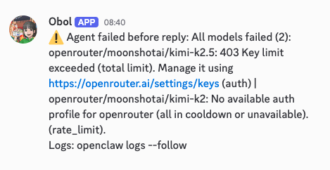 L'ultimo messaggio di OBOL: Agent failed — 403 Key limit exceeded (total limit)